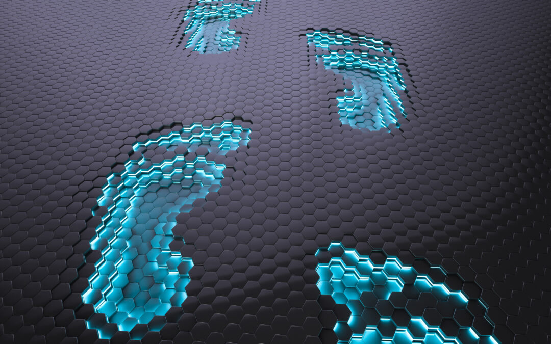 Concept of digital footprints glowing blue on tech background