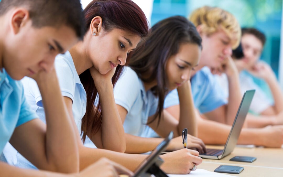 Diverse high school students in Texas learning digital literacy in computer classroom following the TA-TEKS standards