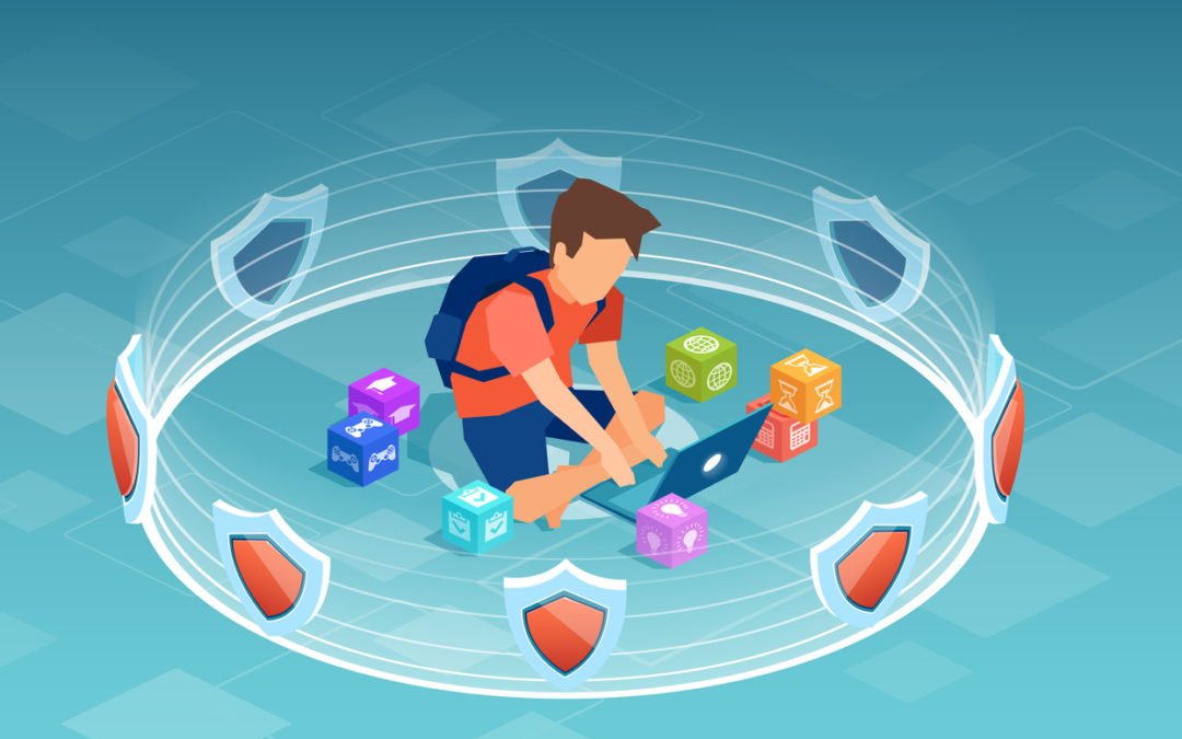 Student practicing safety online sitting on floor on laptop