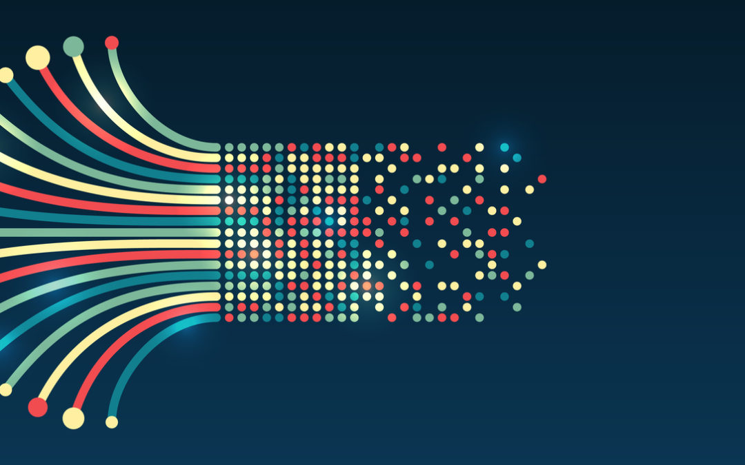 Concept image of bits of dat being parsed and combined into rainbow lines extending outward