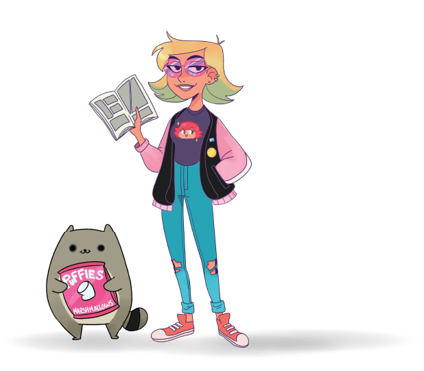 Hip girl holding book next to raccoon