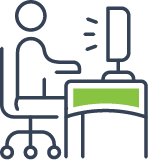 Icon of person sitting a computer with sound lines emitting@1.5x