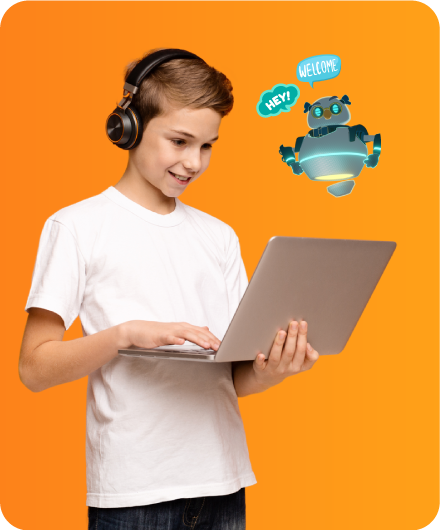 Early middle school male student standing, holding laptop in hand, and using AI to learn